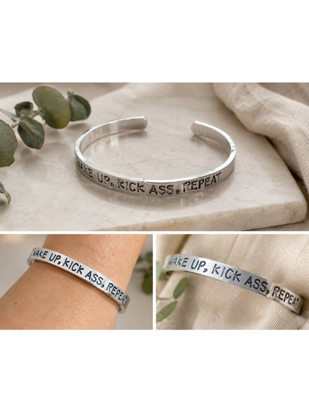 NEW Silver Tone Cuff Bracelet Wake Up Kick A*s Repeat Motivational Statement